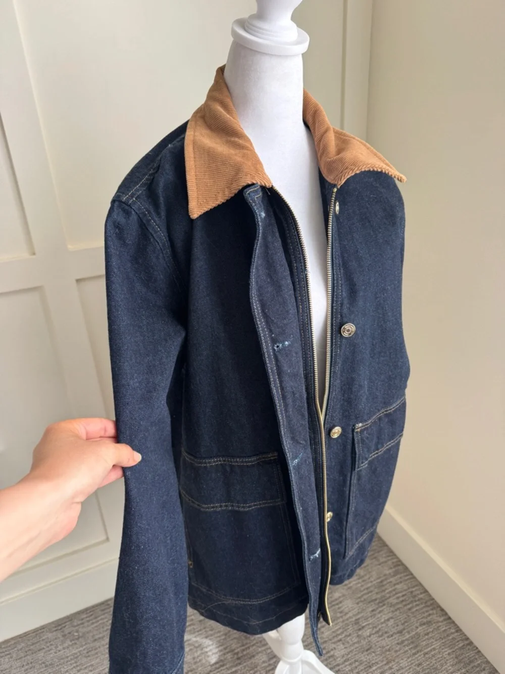 Reformation Navy Denim Field Jacket with Brown Corduroy Collar - Picture 7 of 12